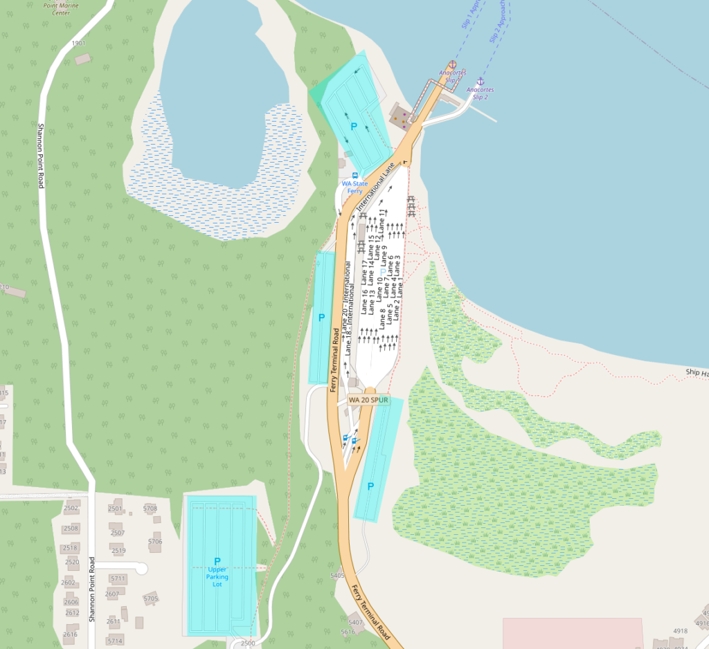 A map highlighting four parking lots near the Anacortes ferry terminal and dock